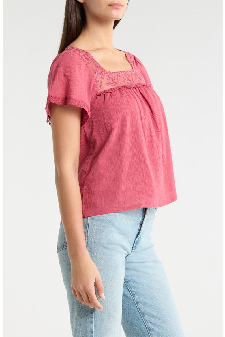 Lace Mesh Detail Square Neck Cotton Top, Alternate, color, ROSE WINE