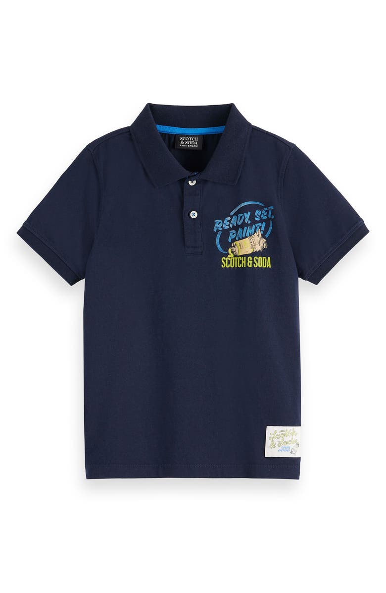 Scotch & Soda Kids' Art Cotton Graphic Polo, Main, color, Sky Captain
