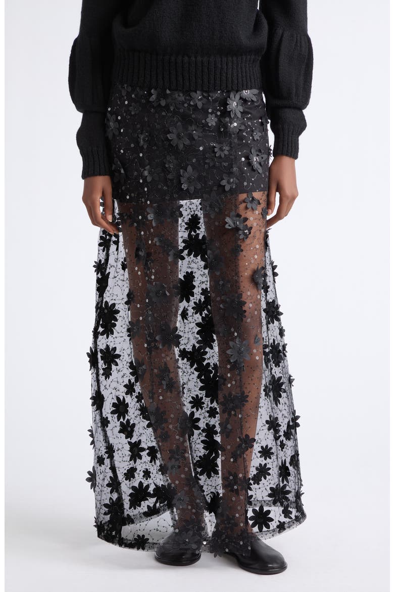 Floral Appliqué Mesh Wrap Maxi Skirt, Main, color, BLACK