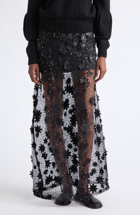 Floral Appliqué Mesh Wrap Maxi Skirt