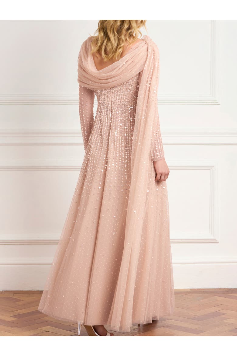 Moonlight Sequin Draped Long Sleeve Gown, Alternate, color, Biscuit