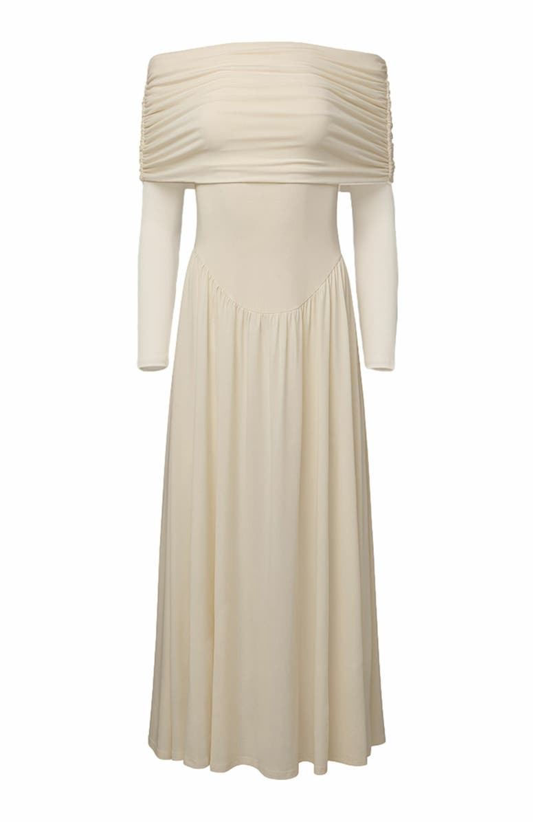 WeWoreWhat Off Shoulder Ruched Midi Dress, Main, color,