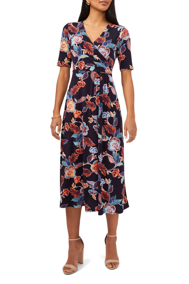 Floral Surplice Neck Faux Wrap Midi Dress, Main, color, NAVY/ MULTI