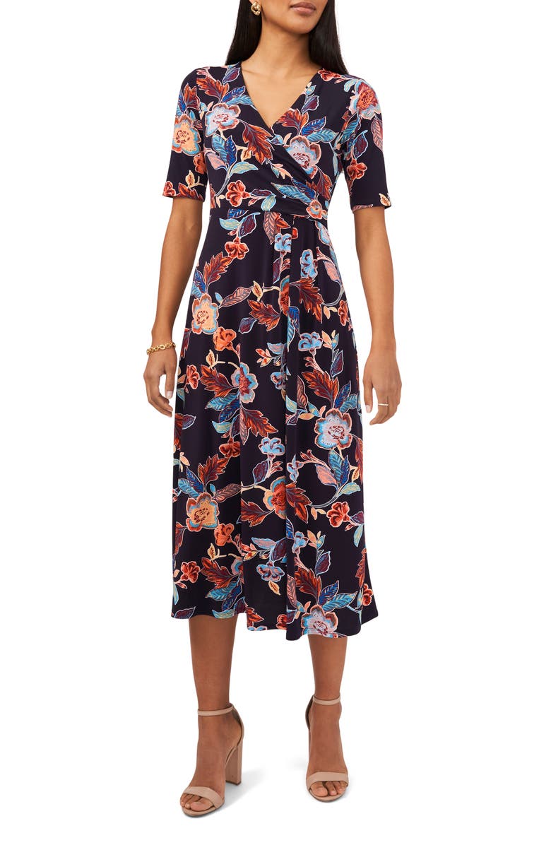 Chaus Floral Surplice Neck Faux Wrap Midi Dress, Main, color,
