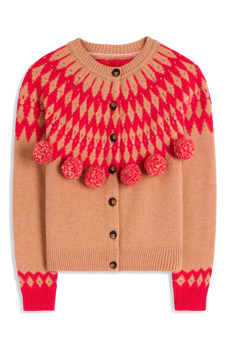Mae Fair Isle Pompom Cardigan, Main, color, CAMEL, POM
