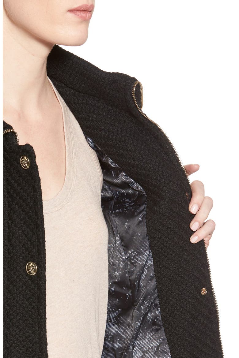Basket Weave Fit & Flare Coat, Alternate, color, BLACK