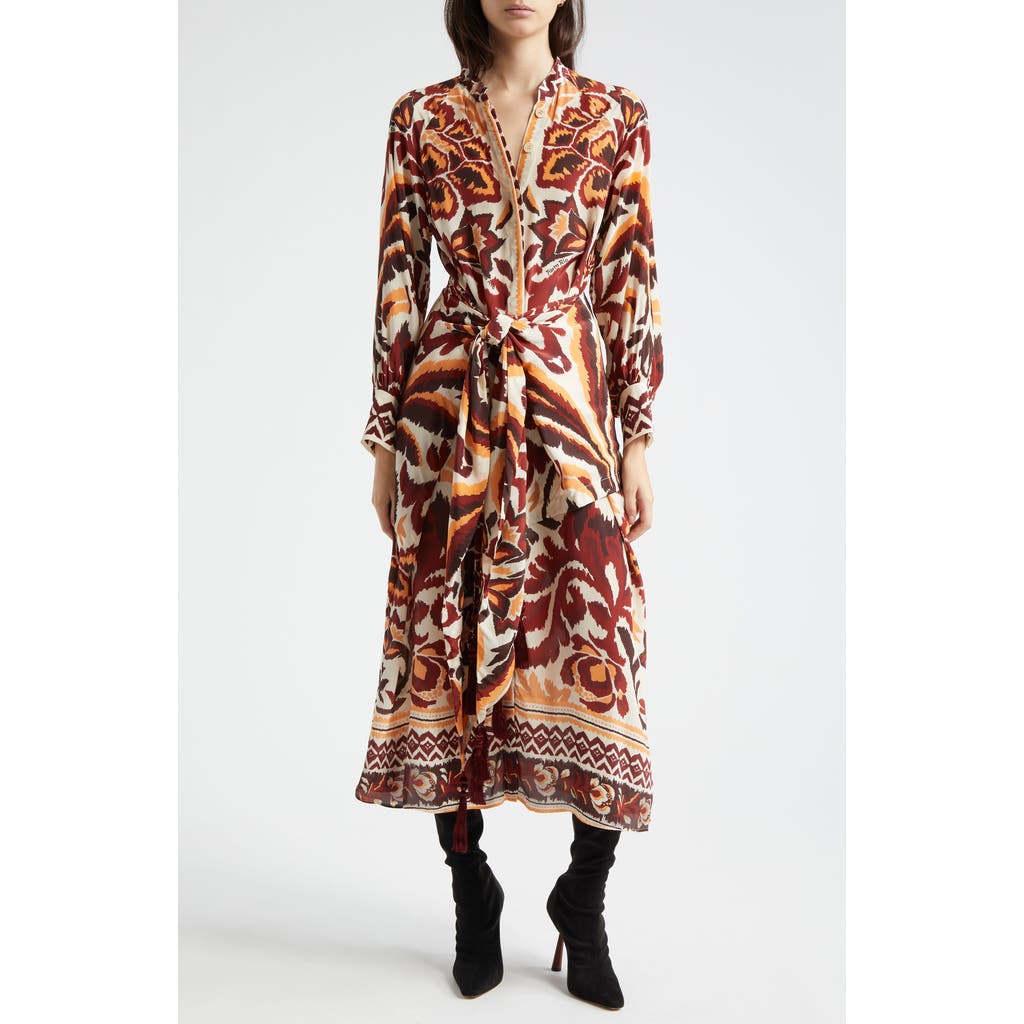 Farm Rio Tie Front Long Sleeve Shirtdress In Toucans Scarf Cream