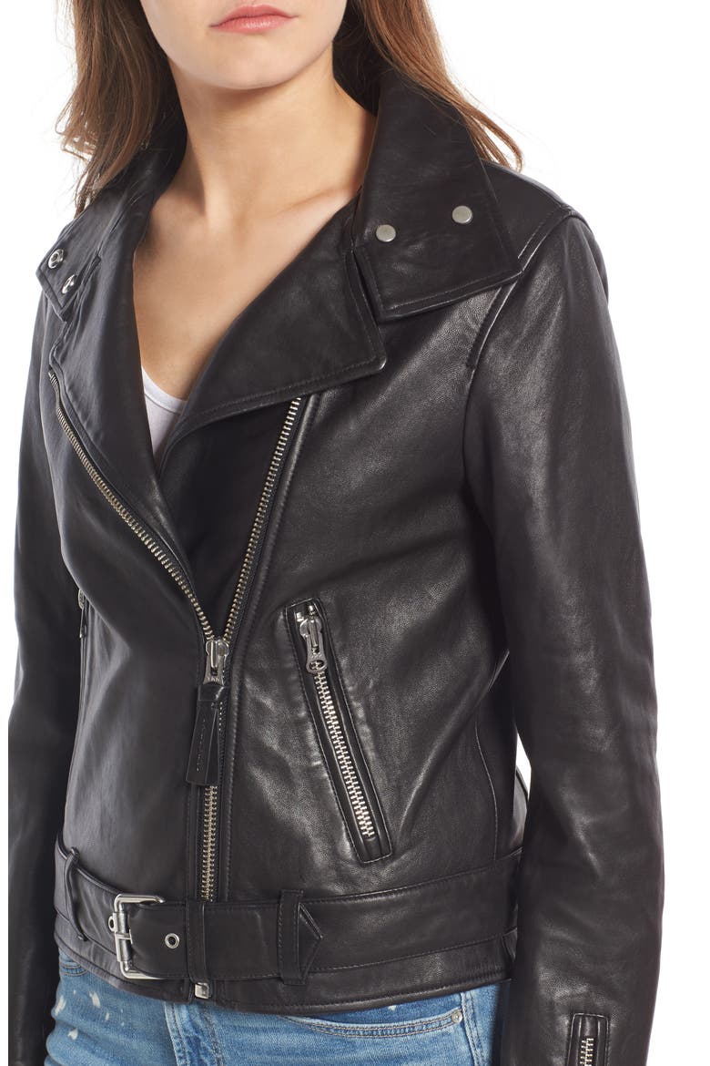 Miela-N Belted Leather Moto Jacket, Alternate, color, BLACK