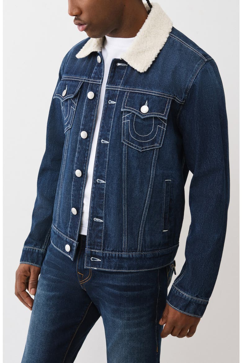 Jessie Faux Shearling Collar Denim Jacket, Alternate, color, DARK WOODLAND WASH