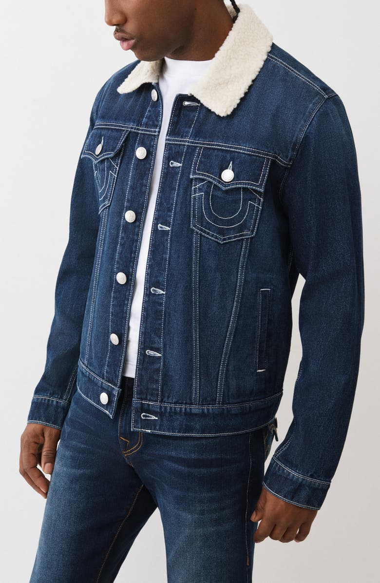 True Religion Jessie Faux Shearling Collar Denim Jacket, Alternate, color, Dark Woodland Wash