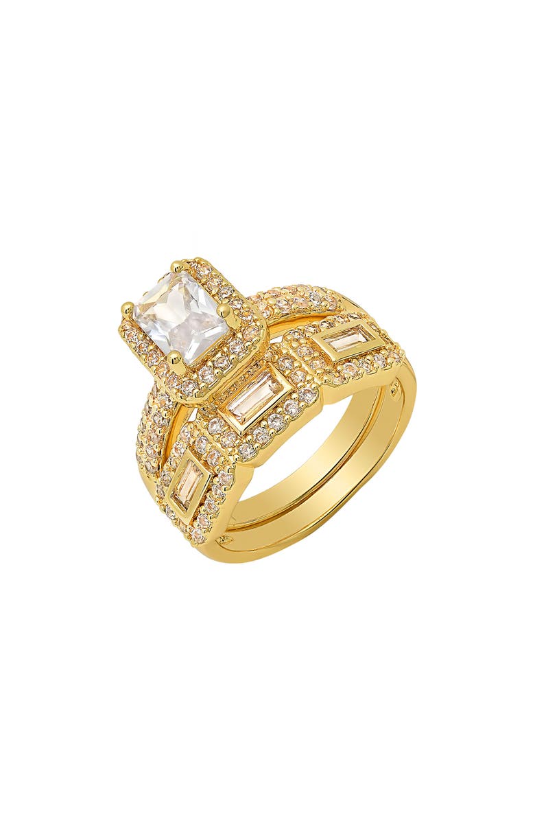 HMY JEWELRY Cushion Cut Simulated Diamond Stacked Pavé Ring, Alternate, color, Gold