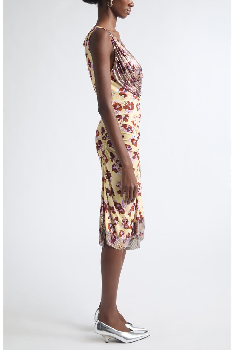 Chain Mail Floral Ruched Cowl Neck Dress, Alternate, color, FLOWER TRIMS CREAM/ RED