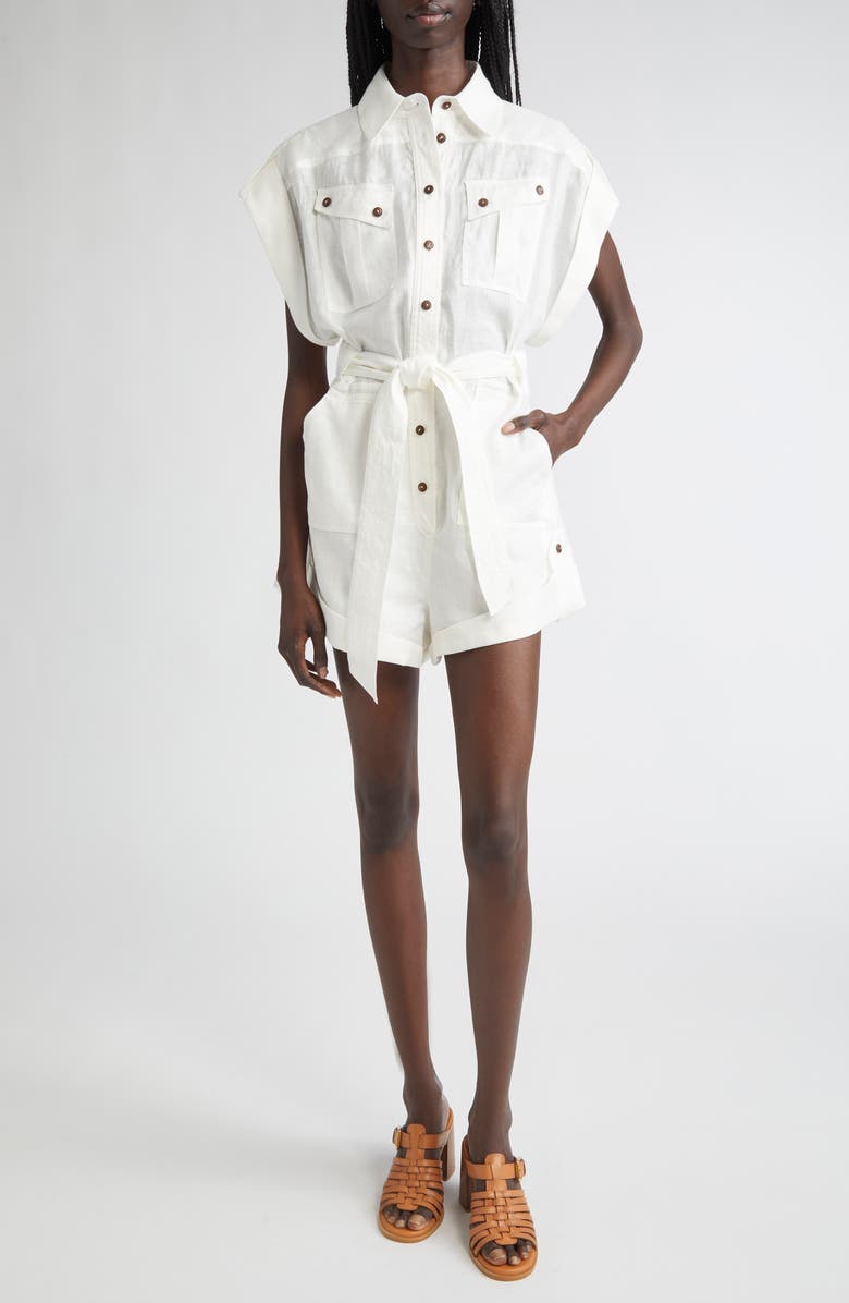 Zimmermann Rhiannon Cuffed Linen Playsuit, Main, color, Ivory