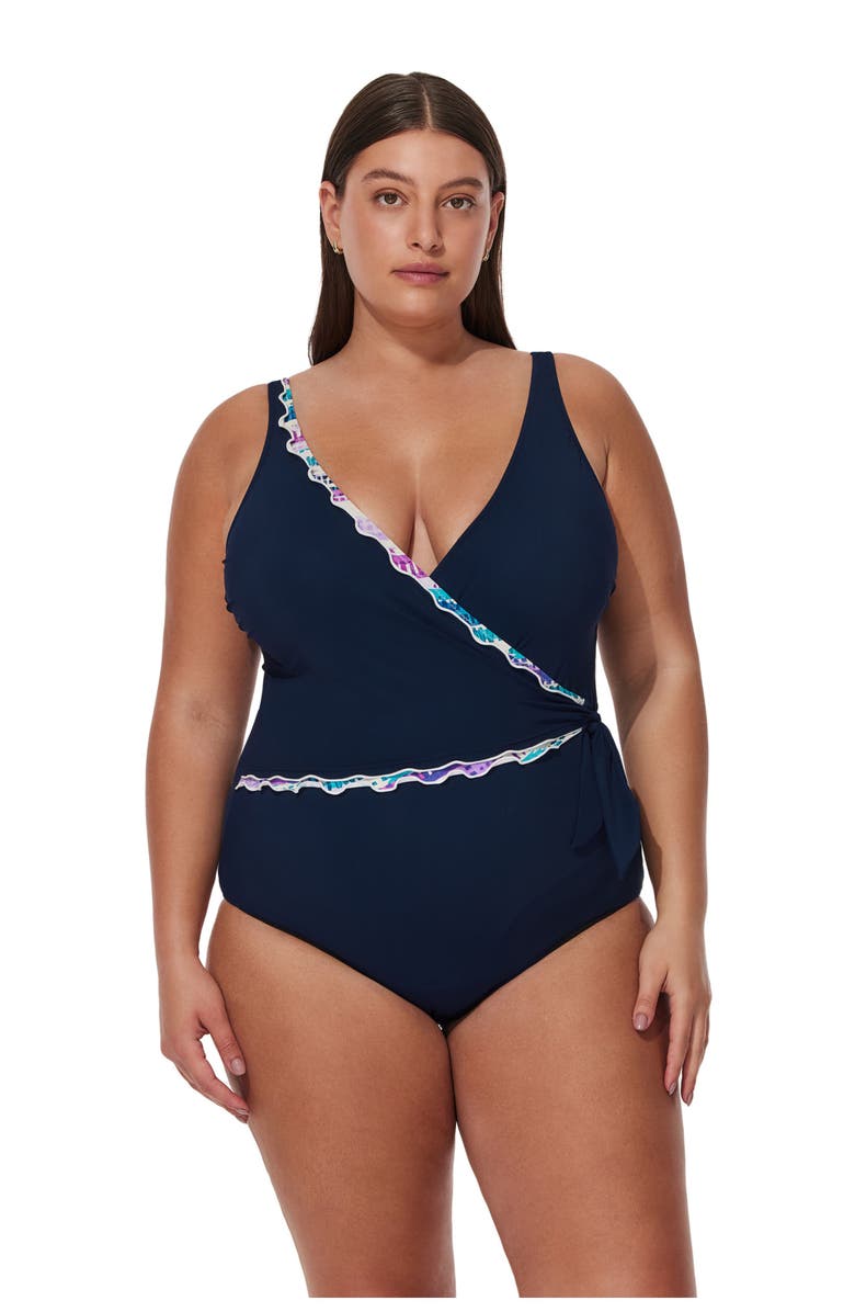 Profile by Gottex Canva Plus Size Tricolore V Neck Surplice One Piece, Alternate, color, Navy