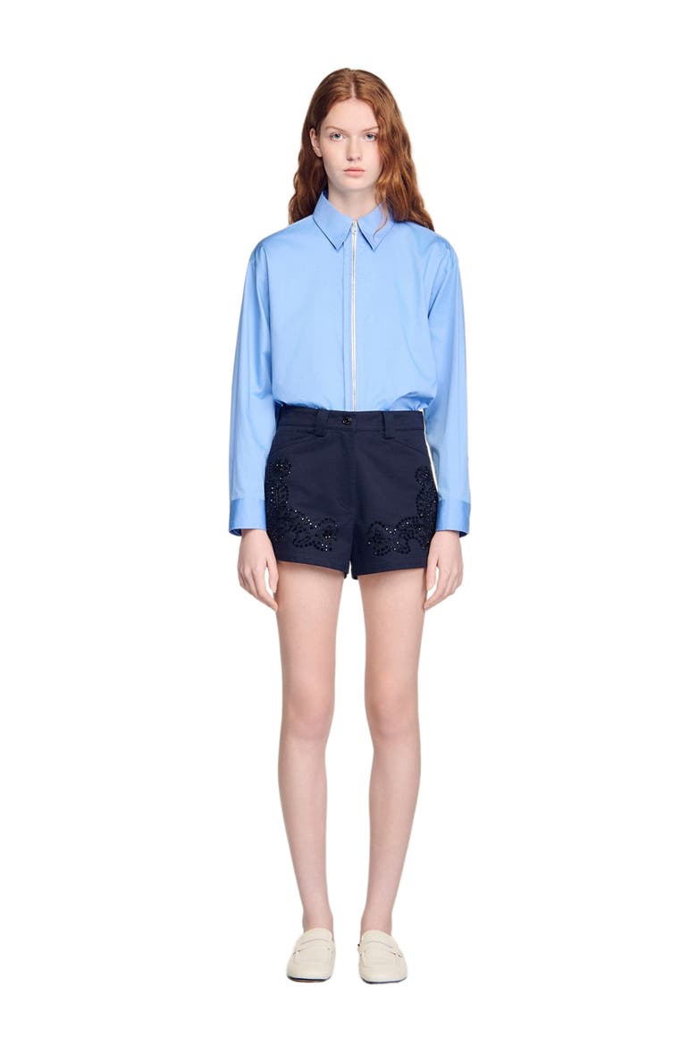 Embroidered cotton shorts, Main, color, Navy blue