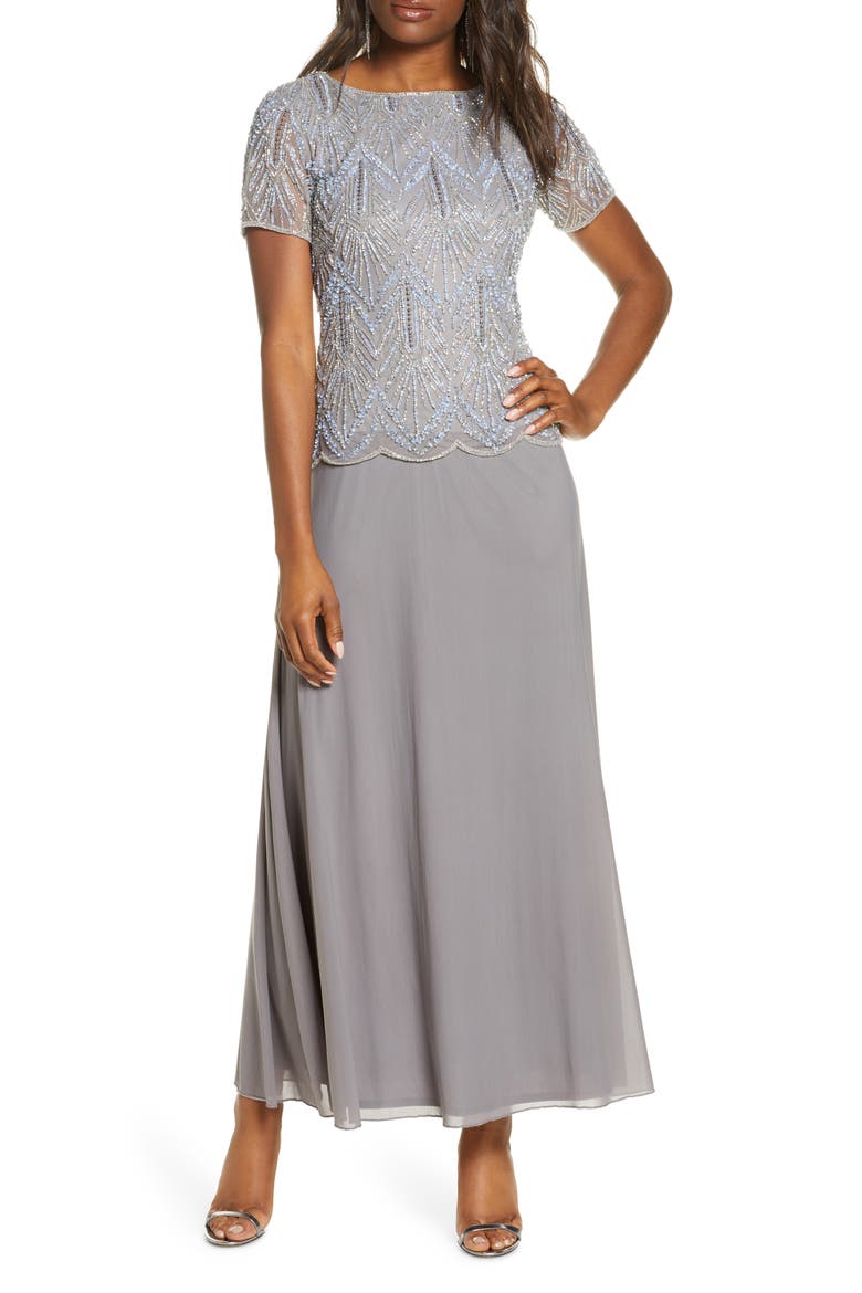 Beaded Bodice Chiffon Gown, Main, color, STEEL