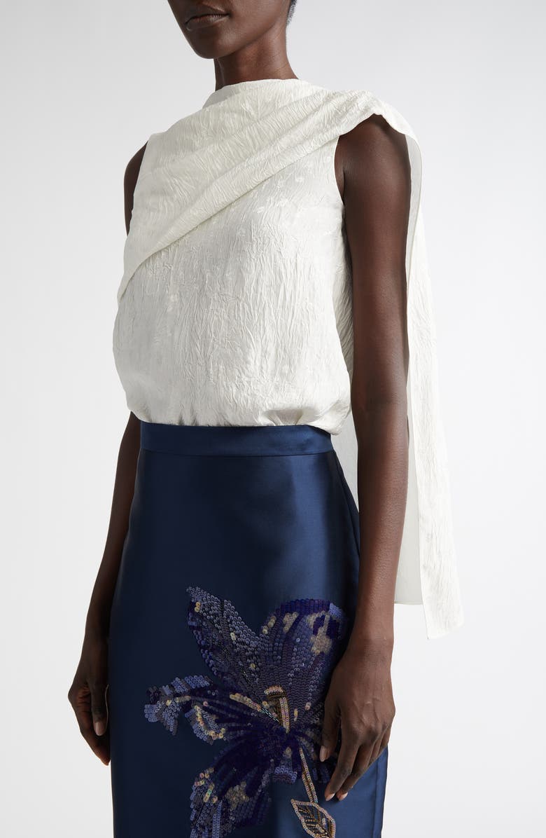 Erdem Asymmetric Drape Scarf Floral Jacquard Crushed Satin Top, Alternate, color, 