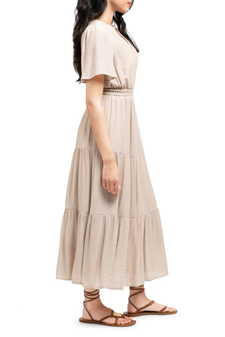 Split Neck Tiered Midi Dress, Alternate, color, LIGHT KHAKI