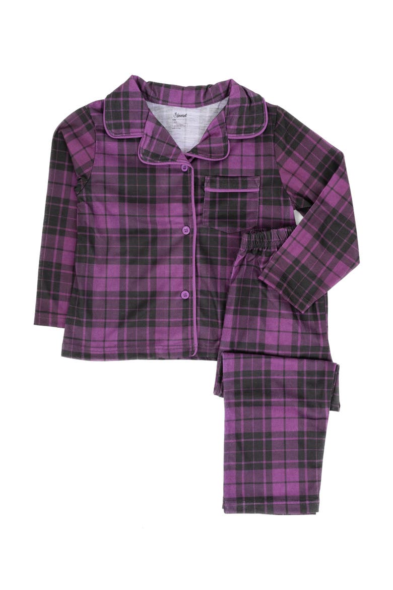 Kids Button-Front Flannel Printed Holiday Pajama Set, Alternate, color, Plaid Purple & Gray