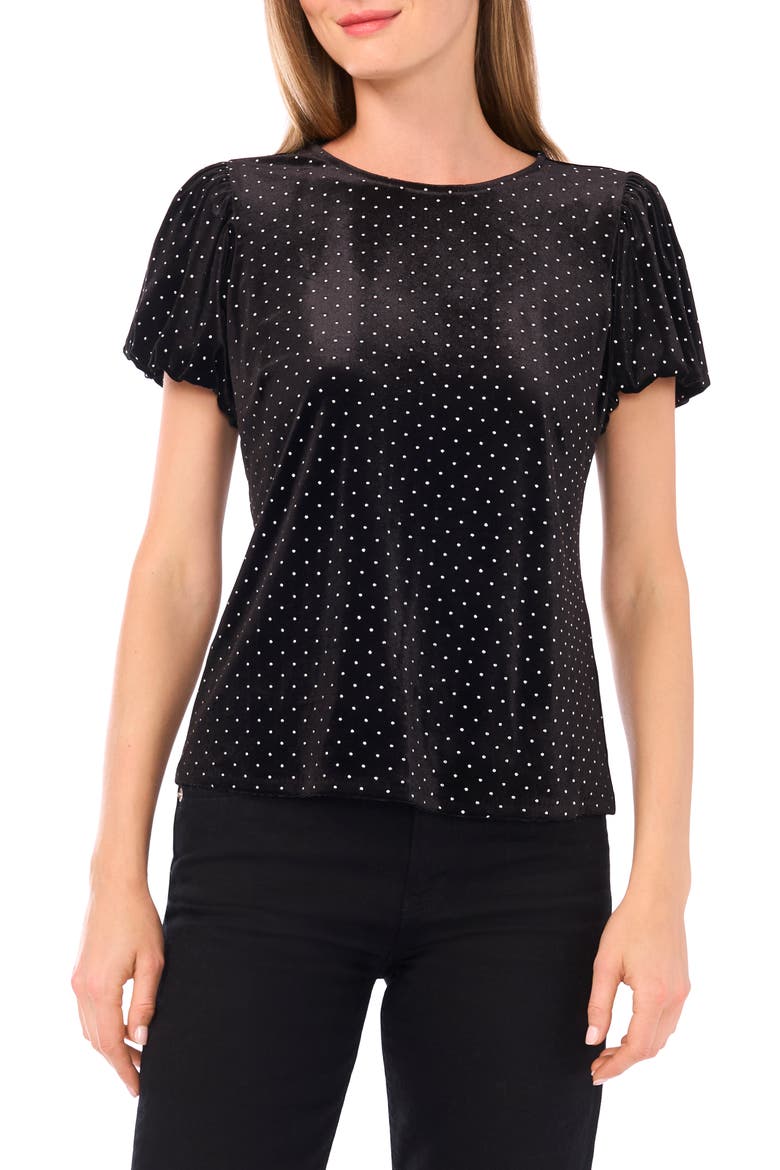 Studded Bubble Sleeve Velvet Top, Main, color, RICH BLACK
