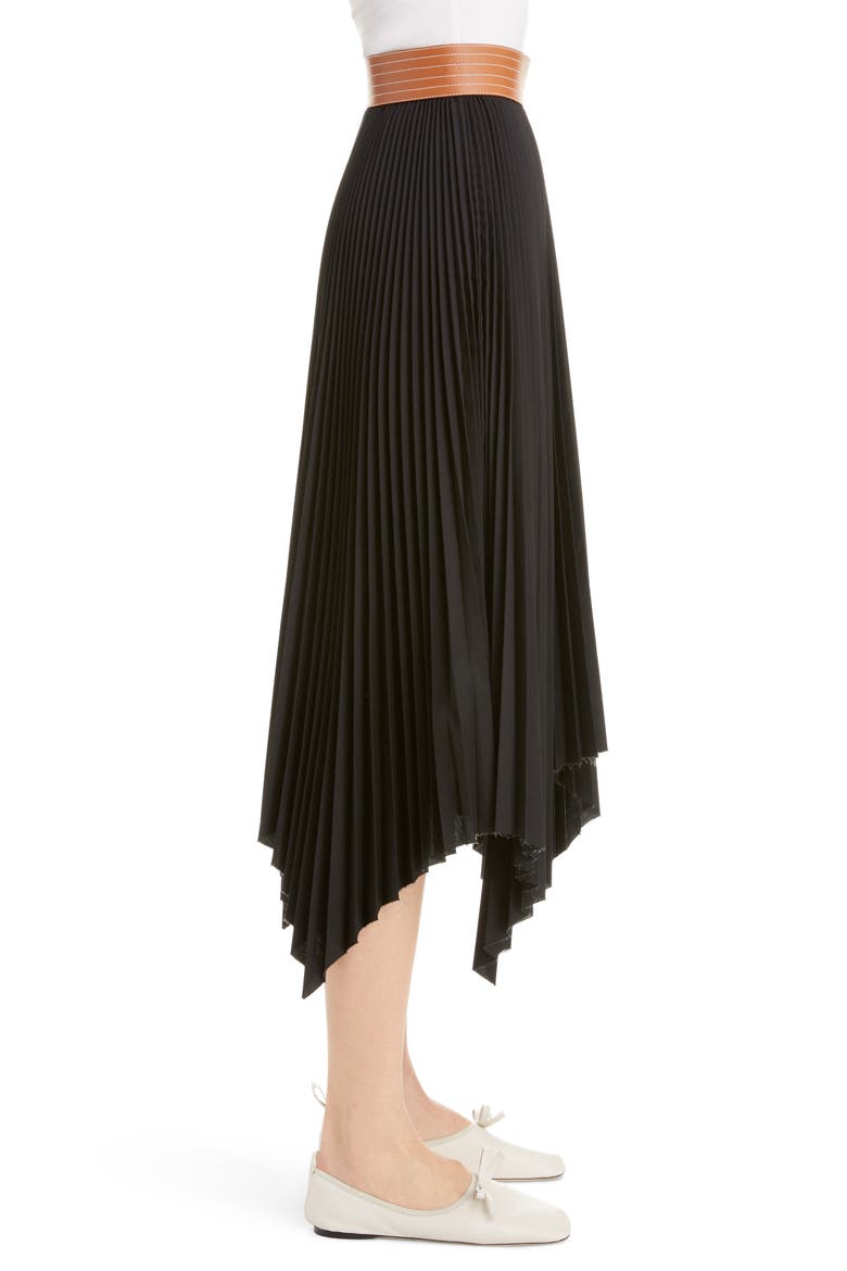 Leather Band Asymmetrical Pleated Midi Skirt, Alternate, color, BLACK/ TAN