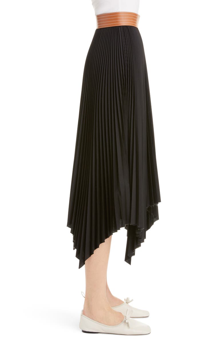 Loewe Leather Band Asymmetrical Pleated Midi Skirt, Alternate, color,