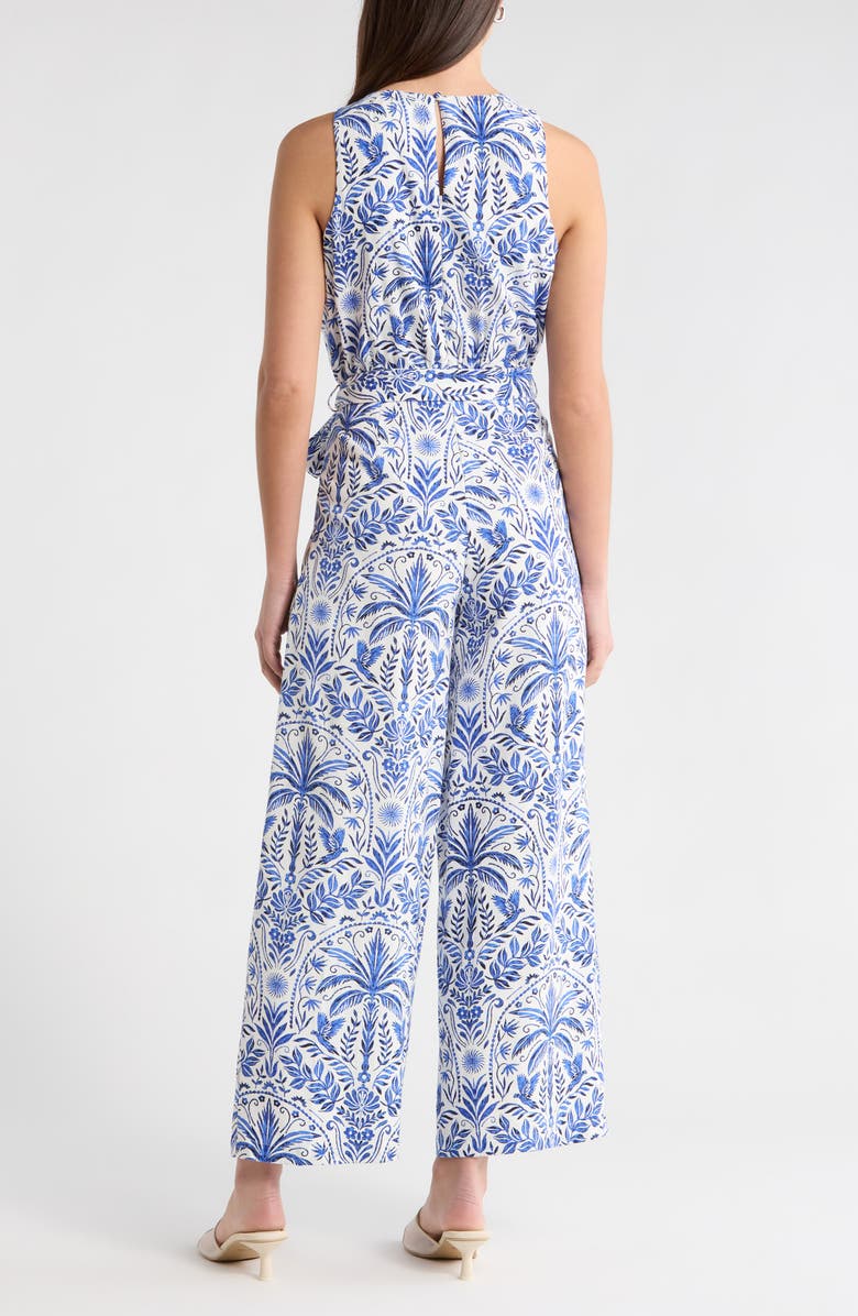 SUGARLIPS Romina Tropical Jora Belted Jumpsuit, Alternate, color, White Blue-Multi