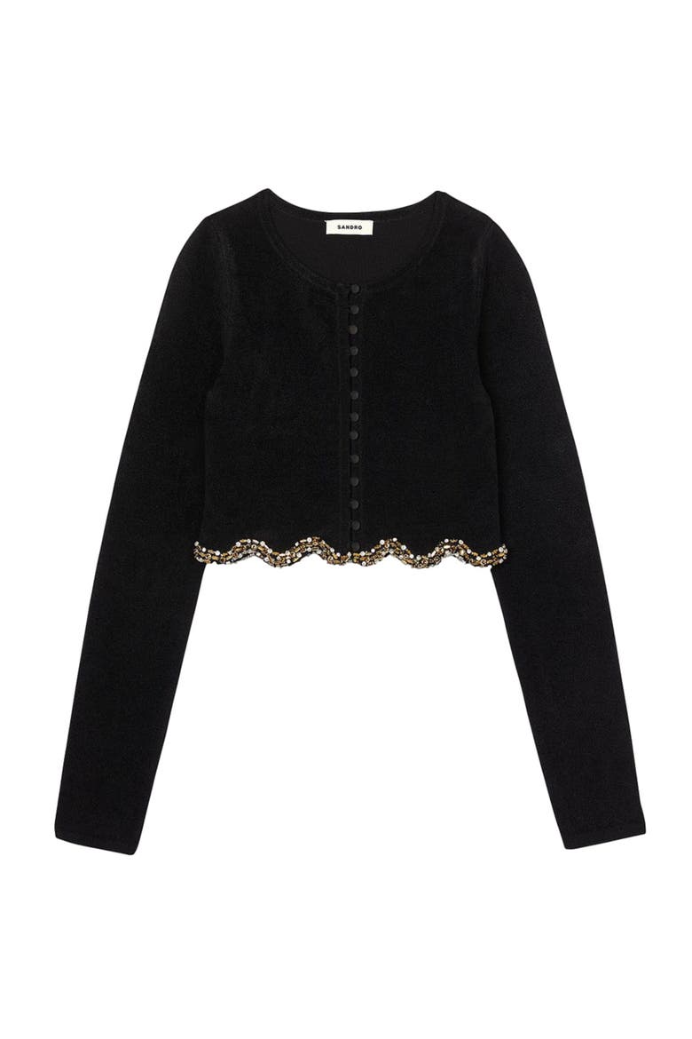 Short rhinestone velvet knit cardie, Alternate, color, Black