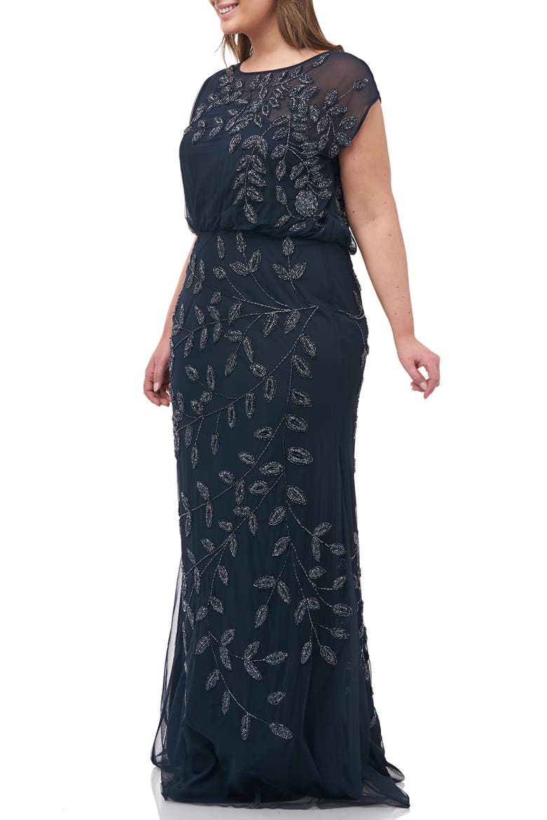 Beaded Leaf Mesh Trumpet Gown, Alternate, color, NAVY