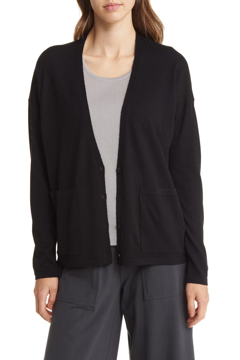 V-Neck Merino Wool Cardigan, Main, color, BLACK