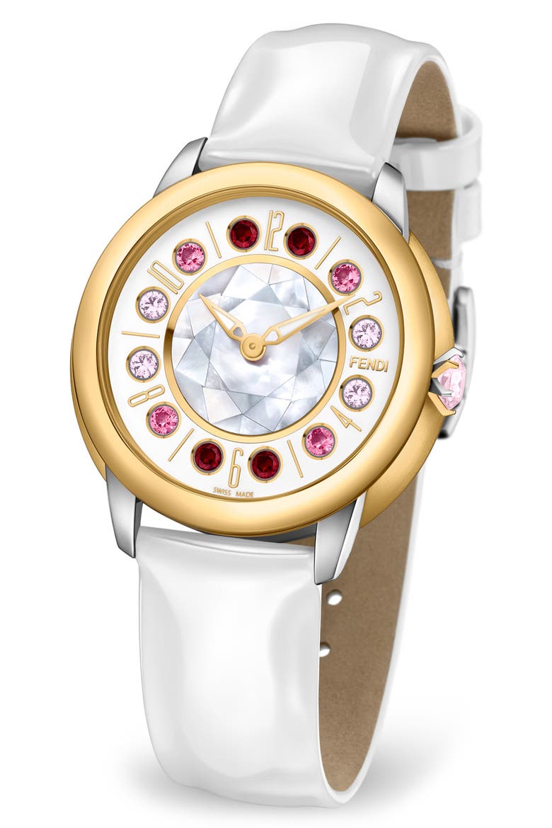 Ishine Rotating Stone Leather Strap Watch, 38mm, Main, color, YELLOW GOLD/ STAINLESS STEEL