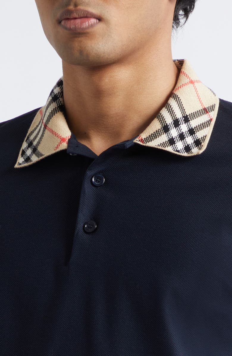 Burberry Evan Check Collar Cotton Piqué Polo, Alternate, color, Smoked Navy