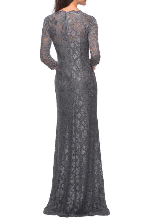 La Femme Long Lace Gown With Sweetheart Neckline In Platinum