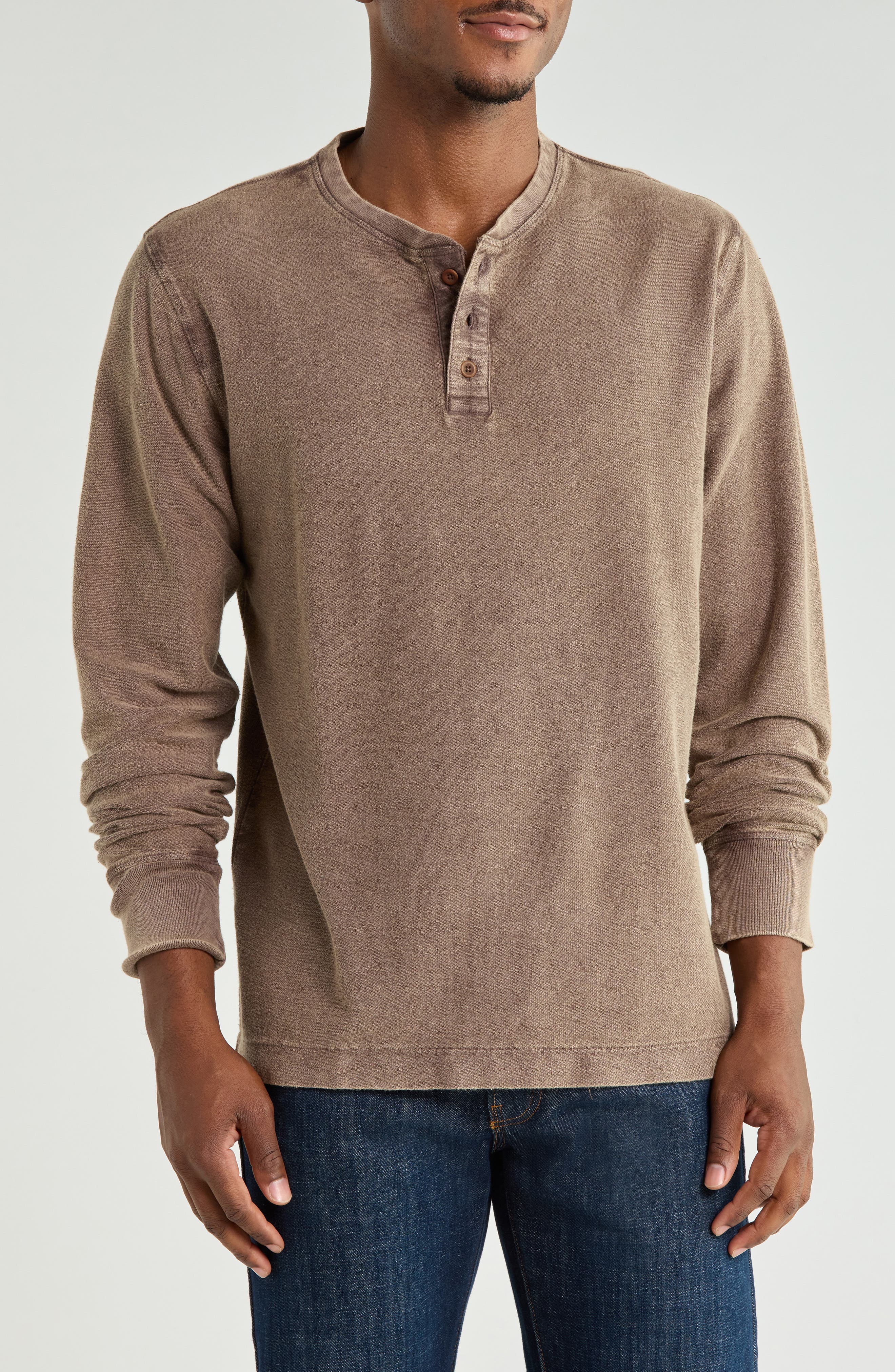 Distressed Long Sleeve Fleece Henley