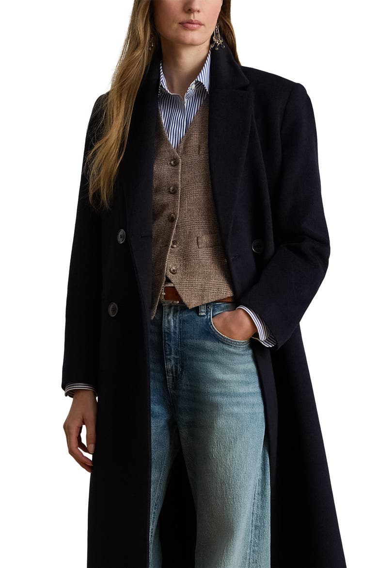 Wool Blend Double Breasted Coat, Alternate, color, REGAL NAVY