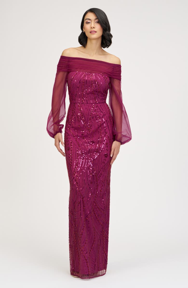 JS Collections Savannah Embellished Off the Shoulder Long Sleeve Chiffon Column Gown, Alternate, color, Raspberry