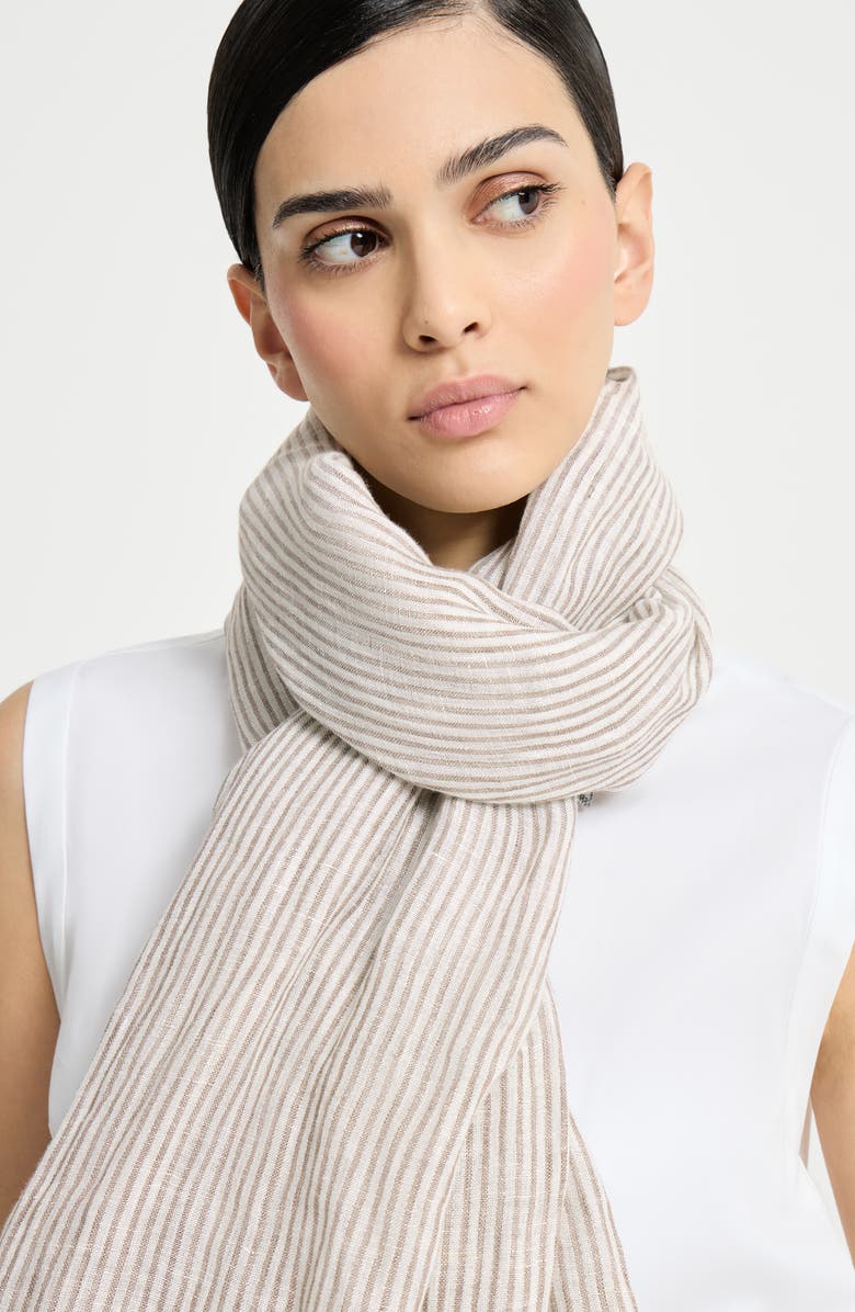 Brunello Cucinelli Sparkling striped linen scarf, Alternate, color, Panama