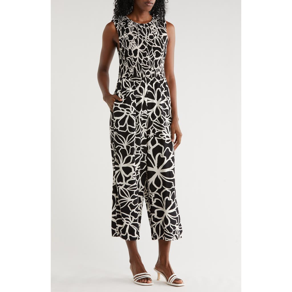 Calvin Klein Big Flowers Smocked Jumpsuit In Black