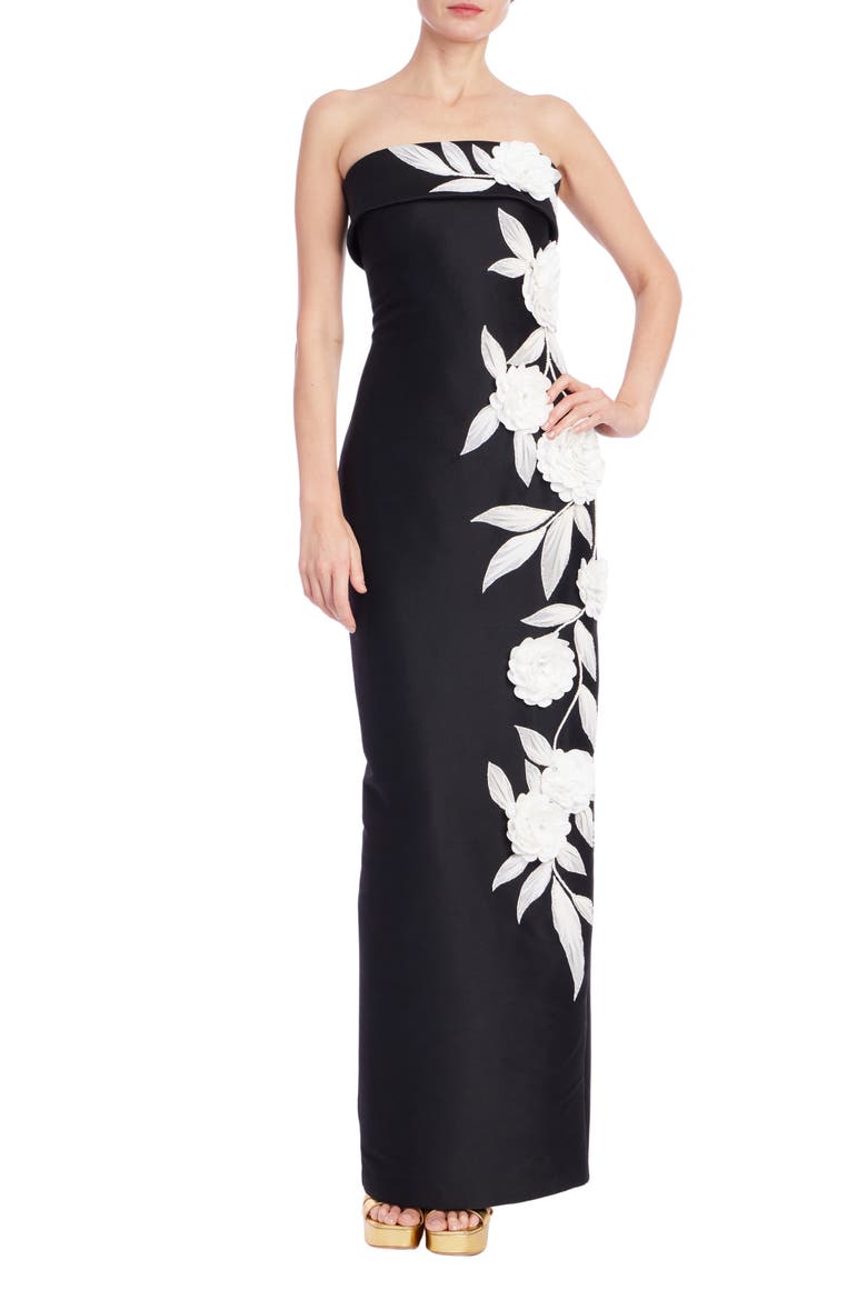 Floral Appliqué Strapless Sheath Gown, Main, color, BLACK WHITE