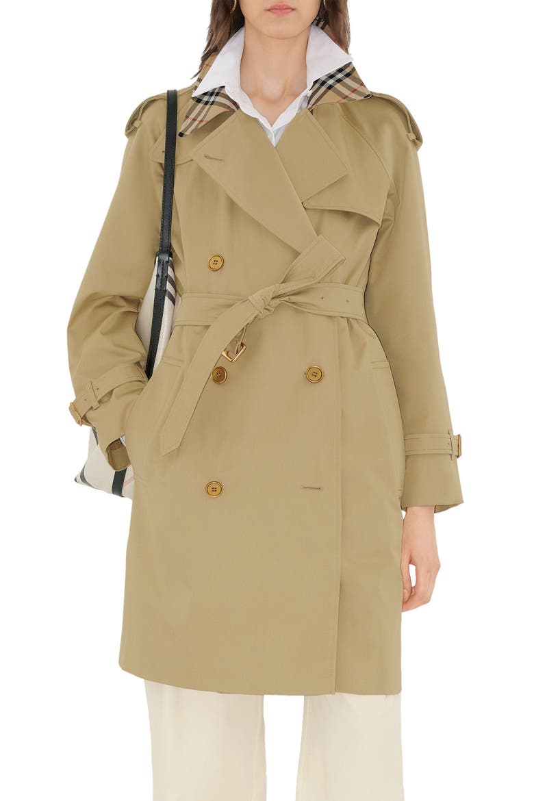 Castleford Check Collar Shower Resistant Cotton Gabardine Short Trench Coat, Main, color, HAMPER