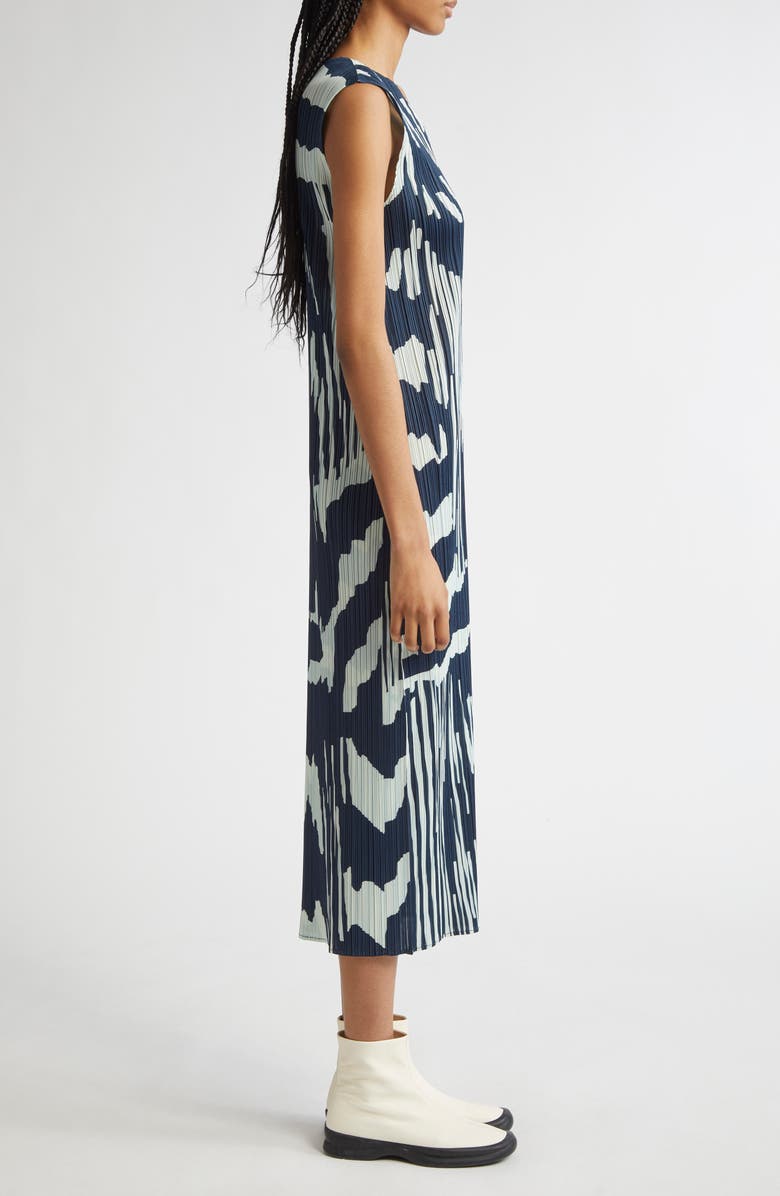 Pleats Please Issey Miyake Refraction Print Pleated Midi Dress, Alternate, color, Grayish Navy