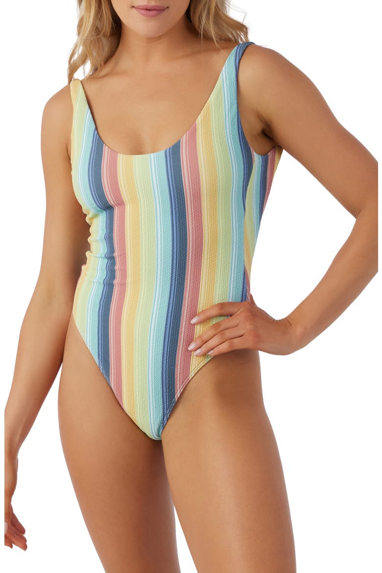 Beach Bound Stripe North Shore One-Piece Swimsuit, Main, color, CORAL MULTI COLORED