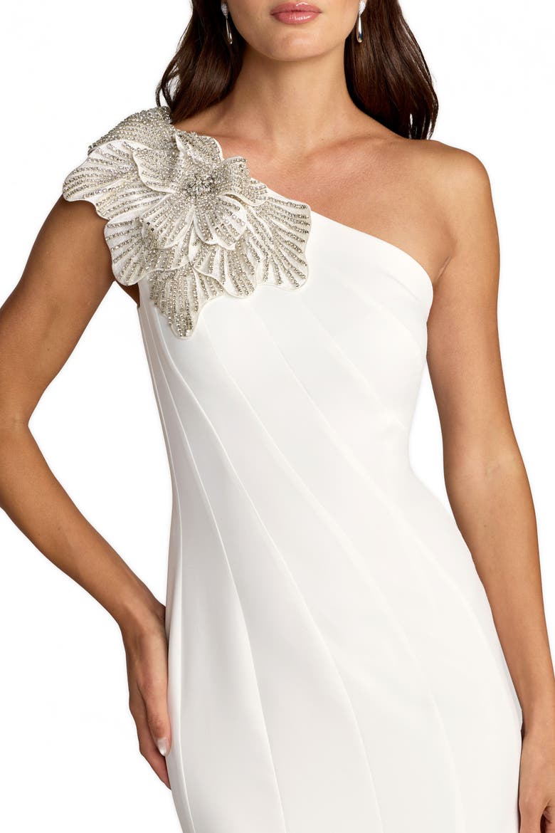 Women's Crepe One Shoulder Mermaid Midi Dress With Flower, Alternate, color, Ivory