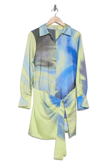 Simkhai Lanie Long-sleeve Waist-tie Mini Shirtdress In Marina Blue Print