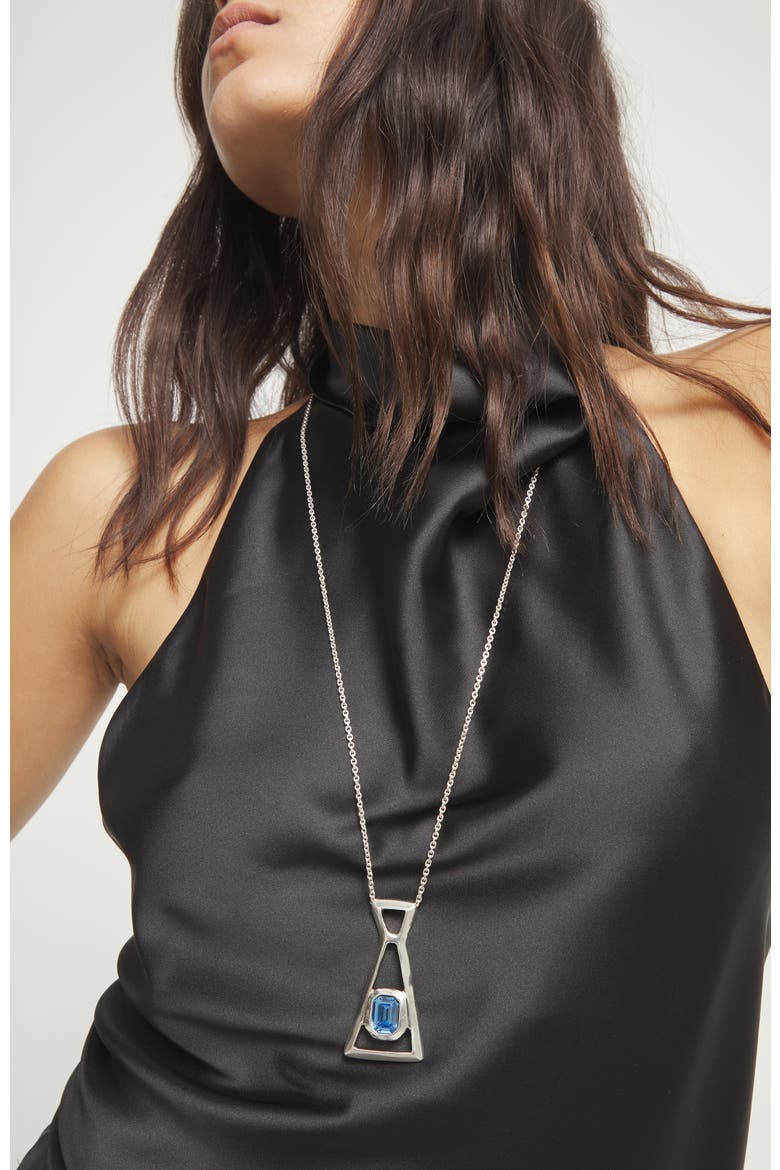 Silver-Tone Geometric Necklace with Blue Crystal, Alternate, color, Silver