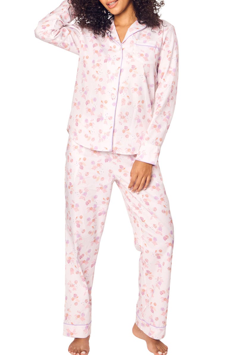 Petite Plume Seashell Print Brushed Cotton Twill Pajamas, Main, color, White