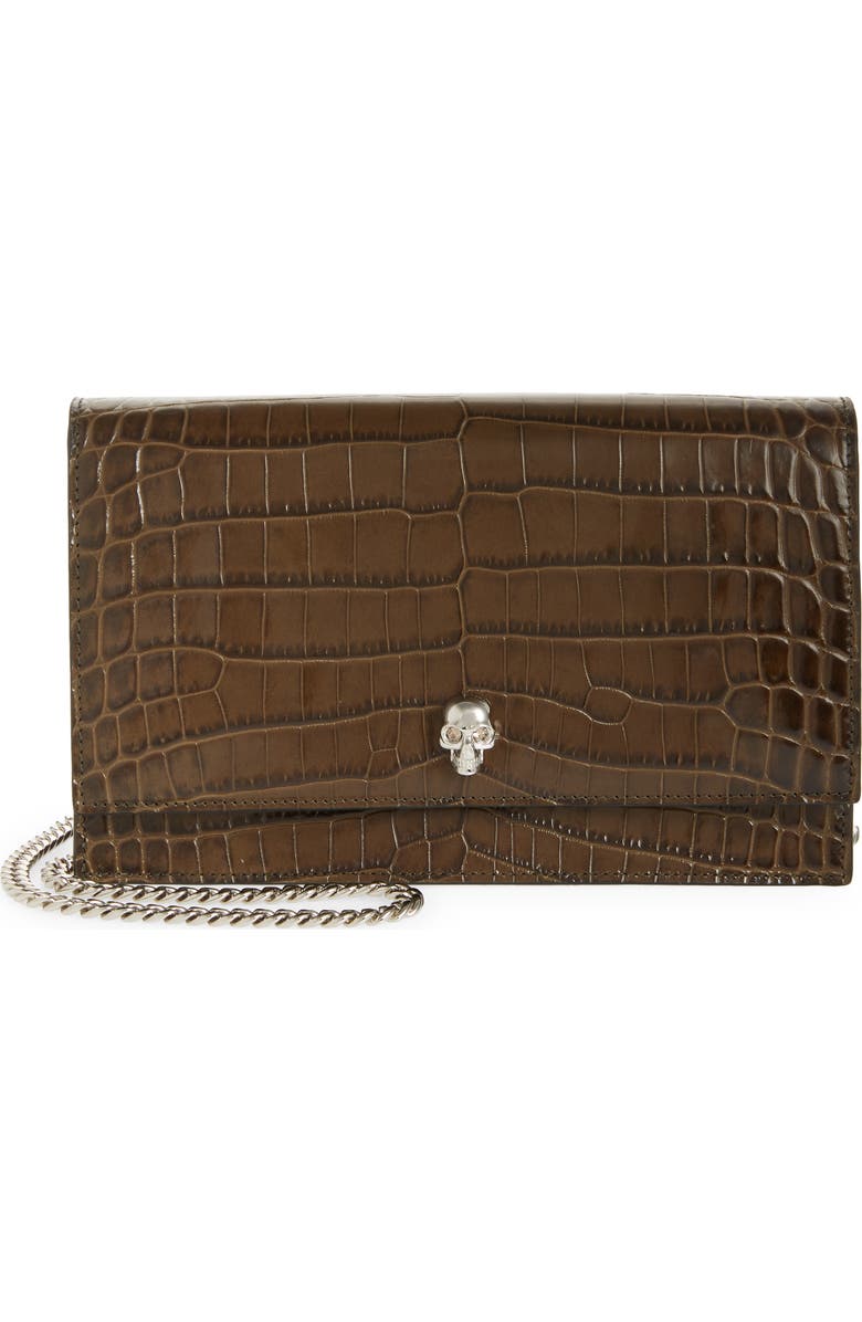 McQueen Alexander McQueen Medium Skull Croc Embossed Leather Crossbody Bag, Main, color,