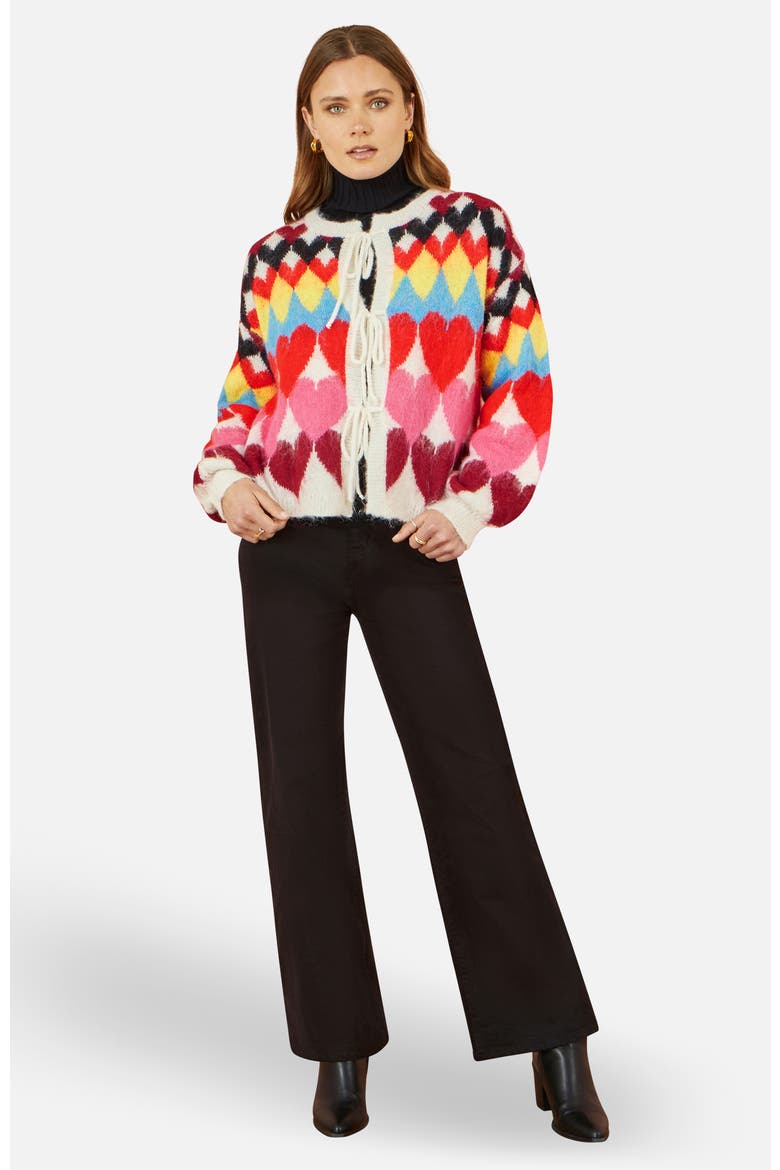 Tie Front Heart Intarsia Cardigan, Alternate, color, Multi