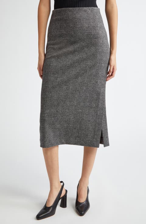 Glen Plaid Side Slit Midi Skirt