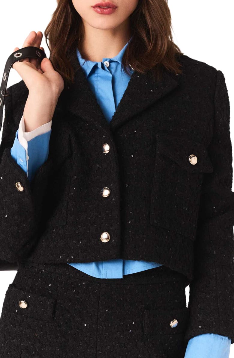 maje Short rhinestone tweed jacket, Alternate, color, Black